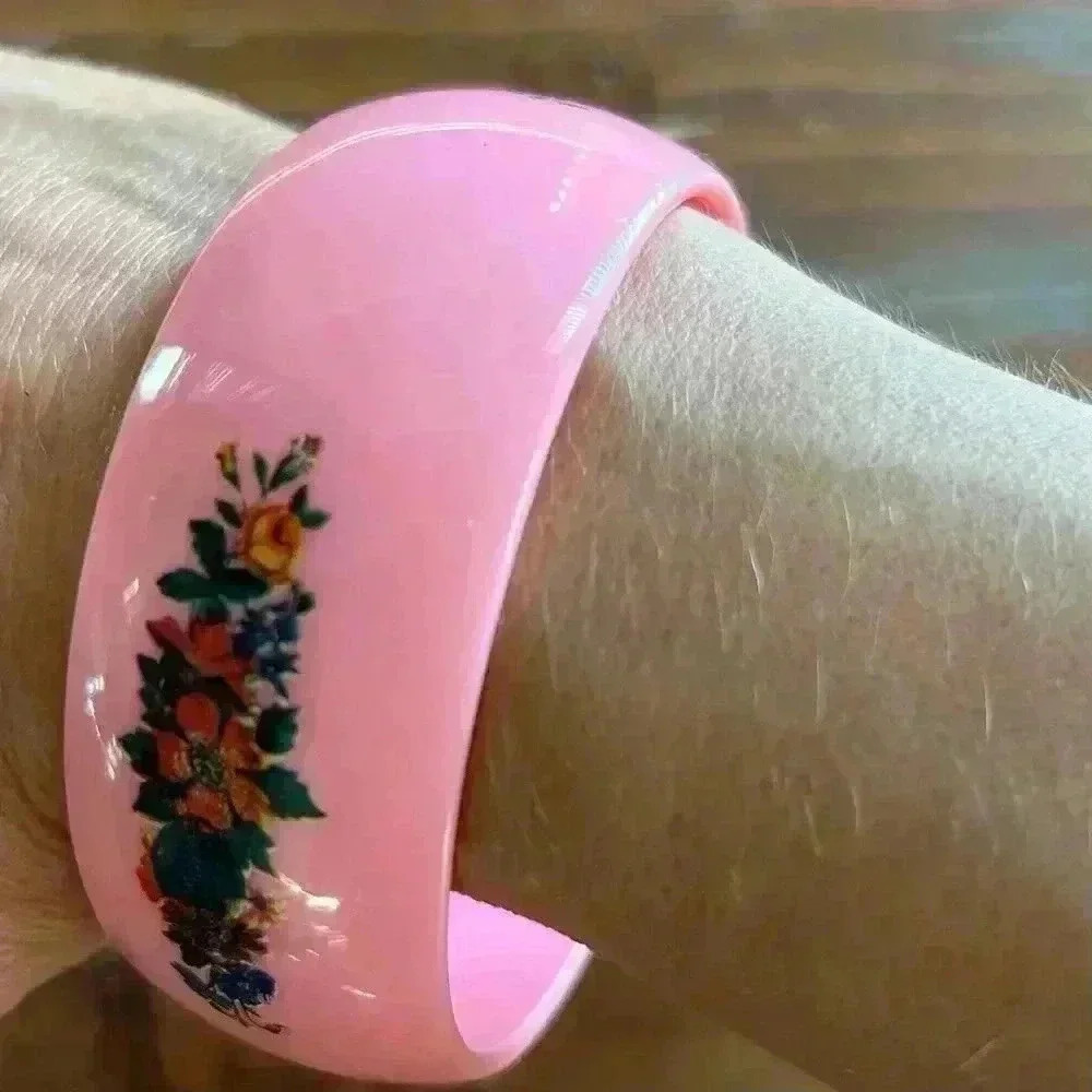 Vintage Chunky Pink Double Sided Flower Print Bangle Bracelet